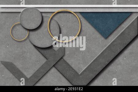 illustrazione geometrica 3d, cerchi grigi, angoli, anelli beige, triangolo verde scuro Foto Stock