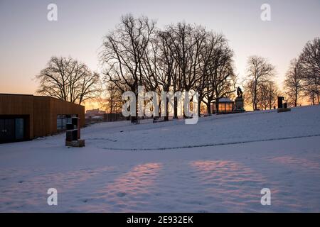 Nottingham Castle Grounds nella neve, Nottingham City Nottinghamshire Inghilterra Regno Unito Foto Stock