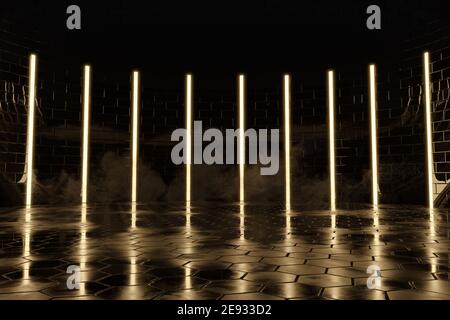 rappresentazione 3d di pannelli al neon gialli su esagonali lucidi piastrelle Foto Stock