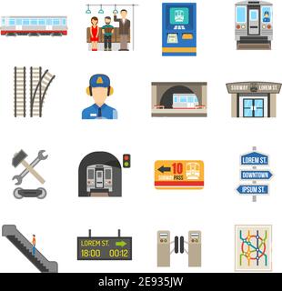 Icone sotterranee insieme di diversi elementi della metropolitana della città come il biglietto illustrazione vettoriale isolata piatta del treno o della scala mobile Illustrazione Vettoriale
