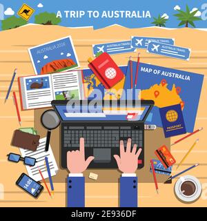 Viaggio in Australia Concept con simboli di pianificazione e calcolo delle spese illustrazione vettoriale piatta Illustrazione Vettoriale