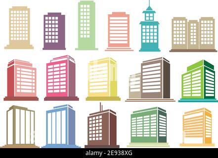 Collezione di edifici moderni della città e grattacieli icone vettoriali isolati su sfondo bianco Illustrazione Vettoriale
