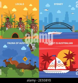 Australia Concept icone insieme con locali e fauna simboli piatto illustrazione vettoriale isolata Illustrazione Vettoriale