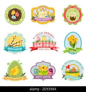 Emblema colorato di Pasqua insieme con i simboli delle vacanze primaverili vettore isolato illustrazione Illustrazione Vettoriale