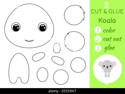 Libro da colorare taglia e colla koala bambino. Gioco educativo di carta per bambini prescolare. Foglio di lavoro Taglia e Incolla. Colore, parti tagliate e colla su carta. Illustrazione Vettoriale