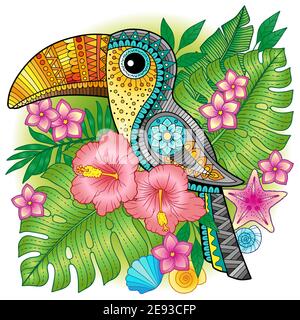 Un luminoso toucan decorativo tra piante esotiche e fiori. Immagine vettoriale per la stampa su abiti, tessuti, poster, inviti Illustrazione Vettoriale