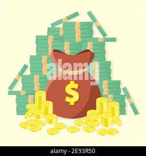 Borsa di denaro con pile di monete d'oro e vettore di bollette di carta illustrazione Illustrazione Vettoriale