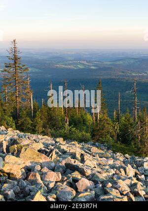 Vista dalla vetta del Monte Lusen nel Parco Nazionale della Foresta Bavarese (NP Bayerischer Wald). Europa, Germania, Baviera Foto Stock