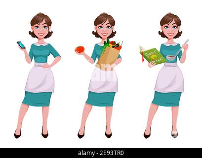 Giovane allegra governante, madre, bella donna di successo. Signora allegra, casalinga in grembiule, insieme di tre pose, facendo una chiamata, tenendo vegetabl Illustrazione Vettoriale