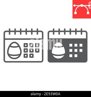Icona del glifo e della linea del calendario pasquale, Pasqua felice e festività, icona del vettore del calendario, grafica vettoriale, segno del contorno del tratto modificabile, eps 10. Illustrazione Vettoriale