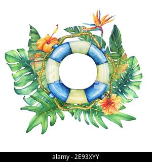 Cerchio cornice con salvagente, fiori e piante tropicali. Pittura ad acquerello disegnata a mano su sfondo bianco. Foto Stock