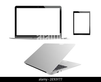 Mockup vettoriale per laptop. PC portatile isolato su sfondo bianco. Notebook portatile realistico vuoto, vista frontale. Notebook generico moderno, Illustrazione Vettoriale
