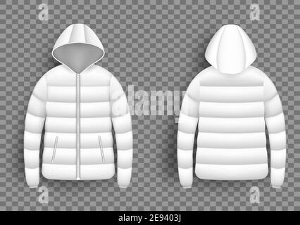 Set di mockup per giubbotti in puffer bianco, illustrazione vettoriale isolata. Giacca con cappuccio moderna e realistica, vista frontale e posteriore. Illustrazione Vettoriale