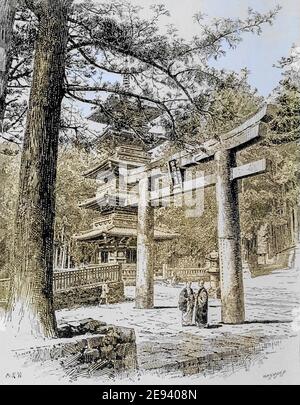Pagoda colorata a macchina e ingresso al grande tempio, Nikko frontespizio dal libro ' Rambles in Japan : The Land of the Rising Sun ' di Tristorm, H. B. (Henry Baker), 1822-1906. Data di pubblicazione 1895. Editore New York : Revell Foto Stock
