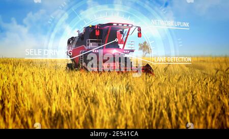 robot grain harvester che lavora sul campo della granella - industriale Illustrazione 3D con sovrapposizioni digitali Foto Stock