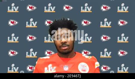 STATI UNITI. 02 febbraio 2021. 14 Sammy Watkins parla durante la disponibilità dei media virtuali dei Kansas City Chiefs il 2 febbraio 2021 in anticipo rispetto a Super Bowl LV che si terrà a Tampa Bay, Florida. (Cattura schermo per credito: Sipa USA / Alamy Live News Foto Stock