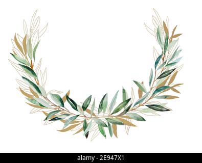 Acquerello Olive ramo oro cornice illustrazione Foto Stock