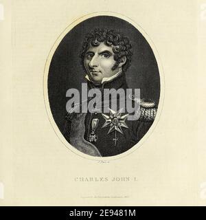 Carlo XIV Giovanni Carlo XIV Giovanni (Karl XIV Johan, 26 gennaio 1763 – 8 marzo 1844) è stato Re di Svezia e Norvegia dal 1818 fino alla sua morte. Nelle moderne liste norvegesi dei re si chiama Carlo III Giovanni. Fu il primo monarca della dinastia Bernadotte. Incisione su copperplate dell'Enciclopedia Londinensis OR, dizionario universale delle arti, delle scienze e della letteratura; Volume XXIII; a cura di Wilkes, John. Pubblicato a Londra nel 1828 Foto Stock