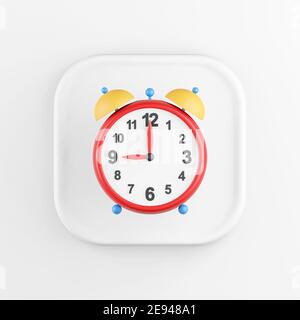 Icona del pulsante bianco quadrato con rendering 3D, orologio con allarme rosso vintage, isolato su sfondo bianco Foto Stock