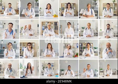 Collage di visualizzazioni webcam di diversi medici si salutano l'un l'altro in riunione online Foto Stock