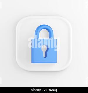Rendering 3D di un pulsante con un'icona quadrata bianca. Lucchetto chiuso blu isolato su bianco Foto Stock