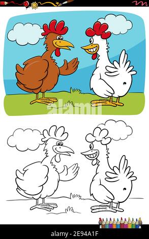 Illustrazione del cartone animato di due galline o polli che parlano libro da colorare pagina Illustrazione Vettoriale