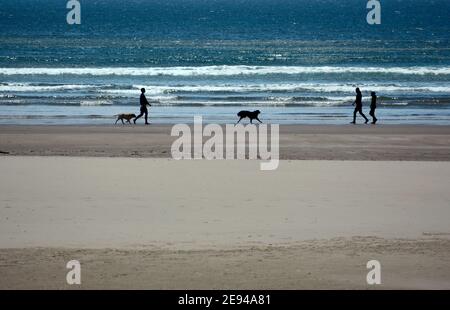 I turisti e i proprietari di animali domestici amano passeggiare con i loro cani lungo una spiaggia dell'Oceano Pacifico vicino a Newport, Oregon. Foto Stock