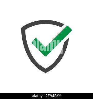 Schermo nero e icona del segno di spunta verde. Simbolo di sicurezza e protezione. Segno di spunta approvato. Illustrazione vettoriale isolata in bianco. Illustrazione Vettoriale