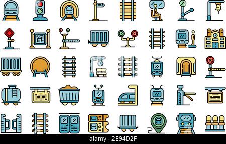 Set di icone della piattaforma ferroviaria. Contorno insieme di icone vettoriali della piattaforma ferroviaria linea sottile piatta su bianco Illustrazione Vettoriale