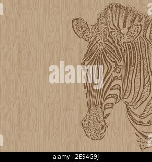 Primo piano di una testa Zebra che guarda avanti. Effetto di taglio del legno. Illustrazione 3D. Foto Stock