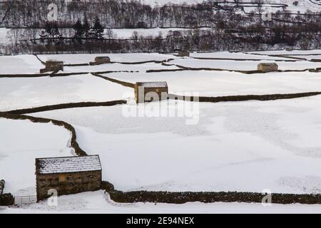 Una vista sui prati di fieno e fienili di campo di Gunnerside, Swaledale, Yorkshire Dales National Park, coperto di neve in inverno Foto Stock