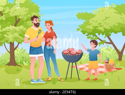 Picnic barbecue per famiglie all'aperto nel parco estivo, carne alla griglia felice madre e padre Illustrazione Vettoriale
