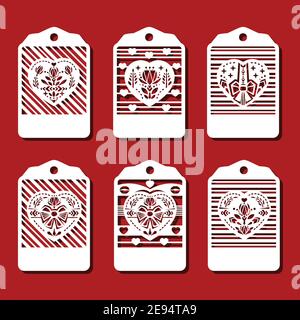 Cuori con geometria fiore, arco in tag su sfondo rosso per il taglio laser. Set di cuori ornamentali bianchi per matrimoni, giorno di valentine Illustrazione Vettoriale