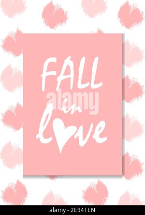Fall in love lettering, valentines rosa concetto di giorno per gli amanti con cuore, pennellate Illustrazione Vettoriale