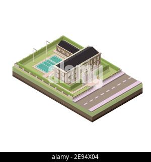 Scuola isometrica. Illustrazione isometrica vettoriale. Elemento isometrico vettoriale che rappresenta la scuola o l'università o l'accademia con campo da pallavolo sul sc Illustrazione Vettoriale