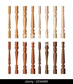 Set colonne balaustre in legno, colonne balaustre marrone cartoon per collezione di decorazioni Illustrazione Vettoriale