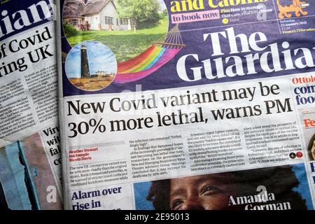 'La nuova variante Covid potrebbe essere il 30% più letale, avverte PM' Guardian notizie giornale headline prima pagina 22 gennaio a Londra Inghilterra Europa Regno Unito Foto Stock