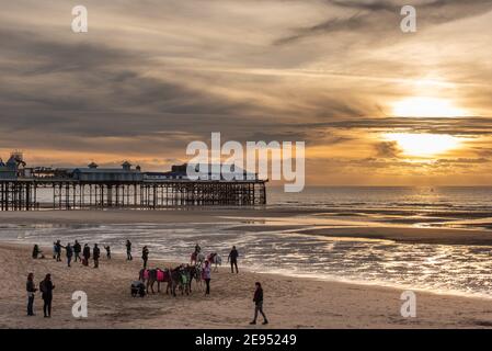 Molo centrale e asini sulla spiaggia Foto Stock