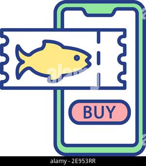 Acquista biglietto laghetto in affitto per la pesca icona colore RGB Illustrazione Vettoriale