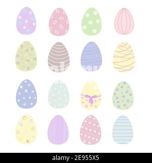 Simbolo della vacanza di Pasqua uova colorate decorate in tonalità pastello, illustrazione vettoriale in stile piatto per l'arredamento del tempo di festa di primavera, biglietti d'auguri, inviti, banner, web design Illustrazione Vettoriale