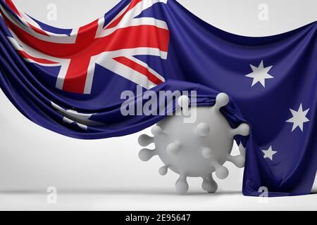 Bandiera australiana bevuta su una molecola di malattia del virus Covid. Rendering 3D Foto Stock