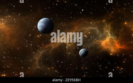 Pianeti extrasolari con nebulosa e stelle nello spazio profondo. illustrazione 3d Foto Stock