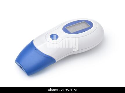 Termometro medico a infrarossi isolato su bianco Foto Stock