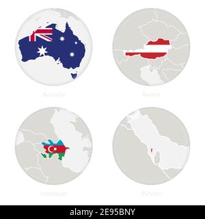 Australia, Austria, Azerbaigian, mappa del Bahrain e bandiera nazionale in un cerchio. Illustrazione vettoriale. Illustrazione Vettoriale