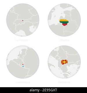 Liechtenstein, Lituania, Lussemburgo, Macedonia, mappa del contorno e bandiera nazionale in un cerchio. Illustrazione vettoriale. Illustrazione Vettoriale