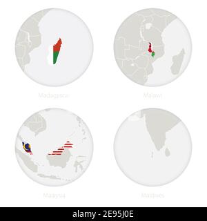 Madagascar, Malawi, Malesia, Maldive mappa contorno e bandiera nazionale in un cerchio. Illustrazione vettoriale. Illustrazione Vettoriale