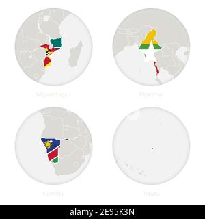 Mozambico, Myanmar, Namibia, Nauru mappa contorno e bandiera nazionale in un cerchio. Illustrazione vettoriale. Illustrazione Vettoriale