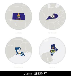 Kansas, Kentucky, Louisiana, Maine Stati Uniti mappa contorno e bandiera nazionale in un cerchio. Illustrazione vettoriale. Illustrazione Vettoriale