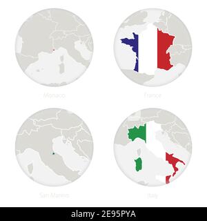 Monaco, Francia, San Marino, Italia mappa del contorno e bandiera nazionale in un cerchio. Illustrazione vettoriale. Illustrazione Vettoriale