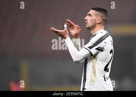 Milano, Italia. 02 febbraio 2021. MILANO - 02 febbraio 2021: Merih Demiral dei gesti Juventus FC durante la partita di calcio Coppa Italia tra FC Internazionale e Juventus FC. (Foto di Nicolò campo/Sipa USA) Credit: Sipa USA/Alamy Live News Foto Stock